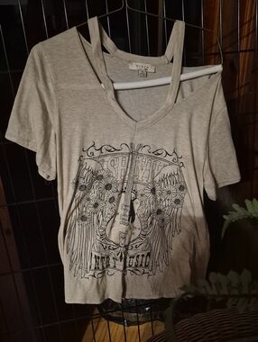 Misia Beige Graphic V-Neck Tee with Black Guitar Print